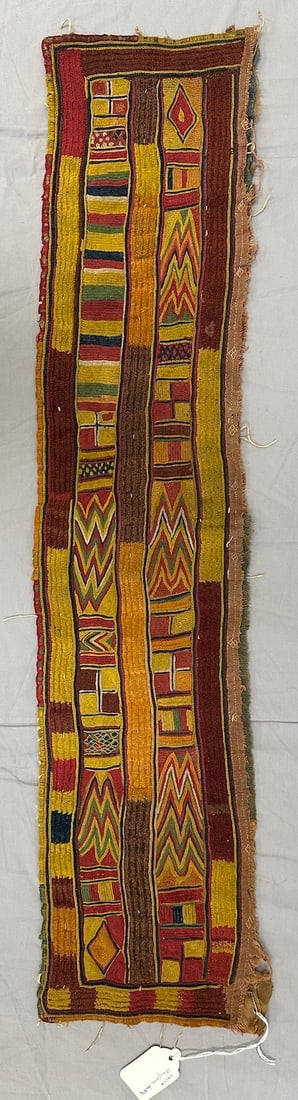 Hand Embroidered Banjara Skirt Band Textile: Traditional hand embroidered Banjara skirt band with geometric designs. D: 6.5" W x 29" L.