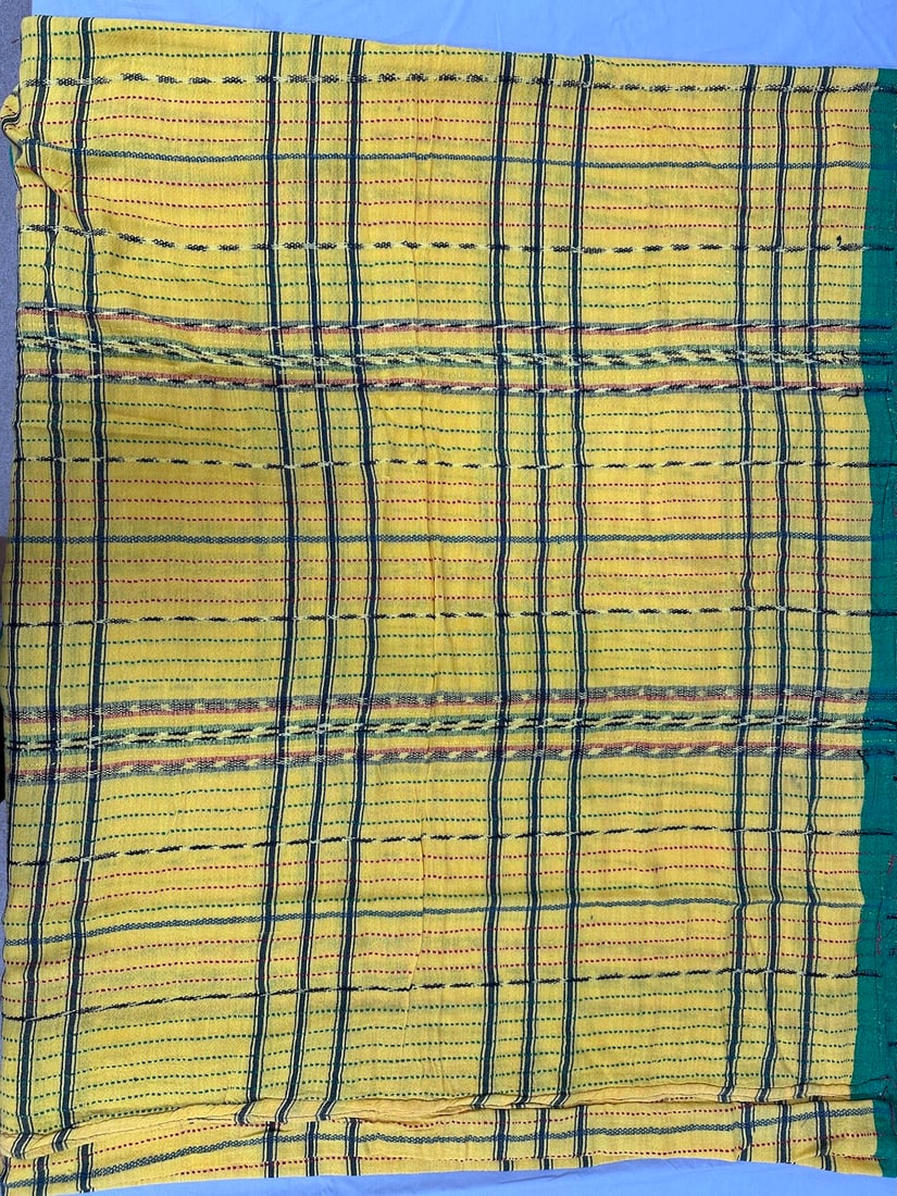 Pure Cotton Saree Santali Textile: Pure cotton saree santali textile features a plaid pattern in red, green, and black thread. D: 31" W x 140" L.