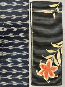 Pair of Kimono Textile With Embroidered Lily And Indigo Bhagalpuri Ikat Fabric