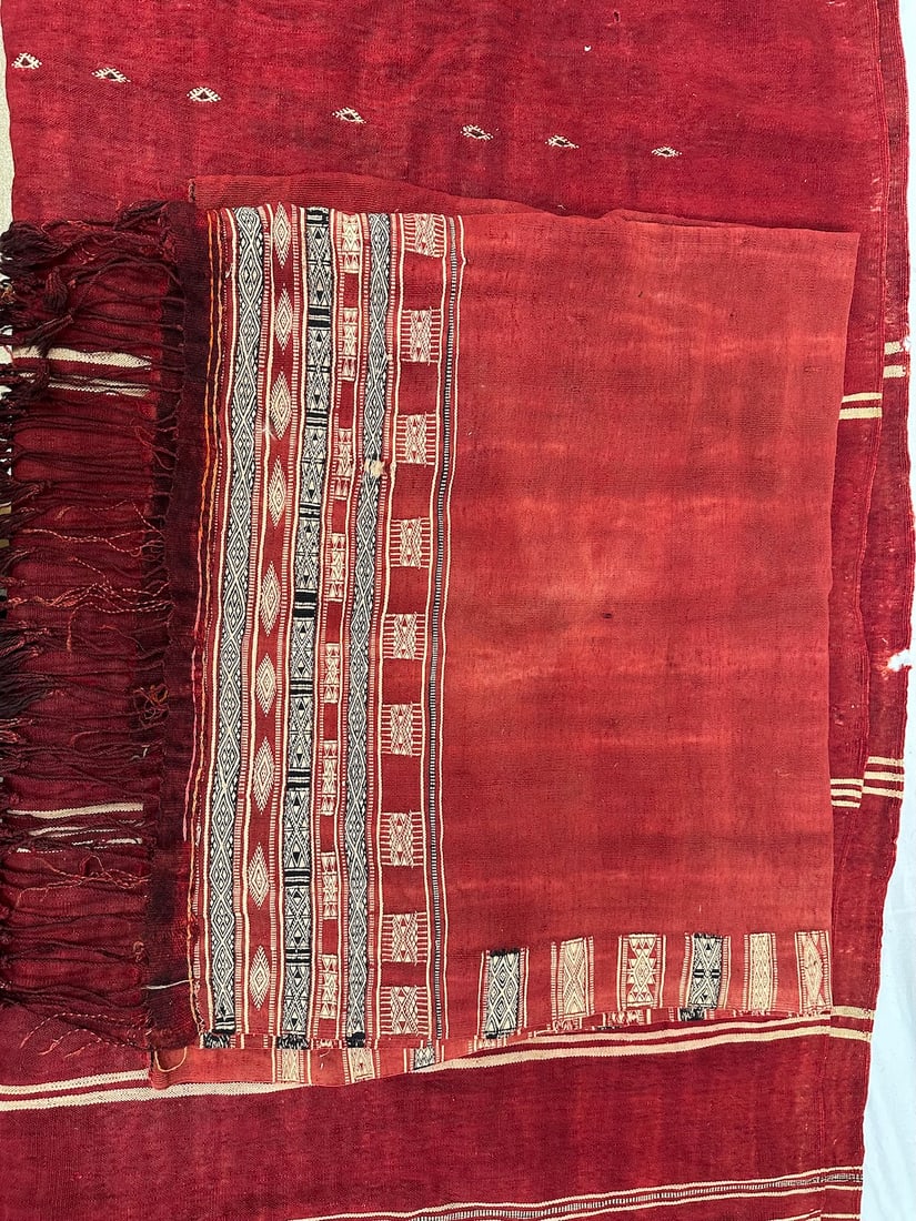 Lot of 2 - Vintage Tunisian Bakhnoug Handwoven Wool Embroidered Wedding Shawls Textiles: Vintage Tunisian Bakhnoug Handwoven Wool Embroidered Wedding Shawls Textiles. D: Largest 60"W x 50"L , smallest 50"W x 42"L.