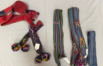 Lot of 4 - Vintage Handwoven Guatemalan Chajul Hairbands and Sashes With Fringes and Pompoms