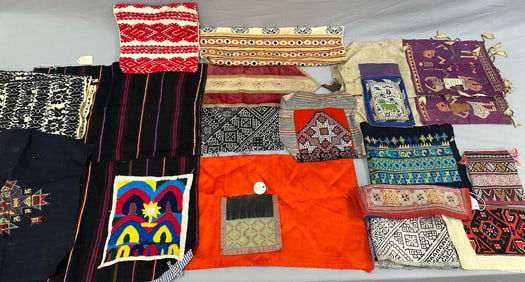 Lot of 19 - Vintage Handmade Handwoven Textiles Fragments Handbags Bands Coverlets