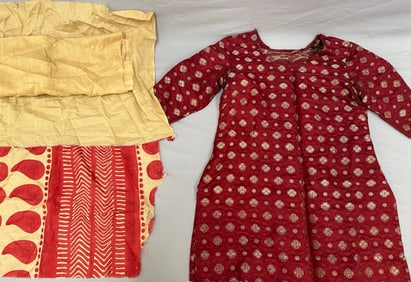 Lot of 2 - Anarkali Kameez Dupatta Golden Yellow and Red, Silk Throw Shawls Textiles