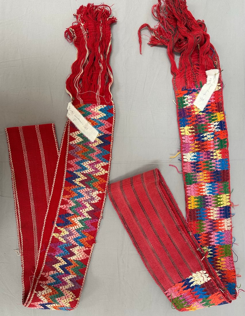 Lot of 2 - Vintage Guatemalan Embroidered Belt Sash: Vintage Guatemalan Embroidered Belt, Sash, Faja. D: 64" x 4".