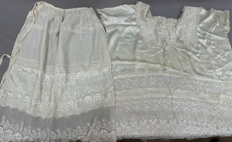 Pair of Vintage Mexican Traditional Embroidered Silky Blouse and Skirt.