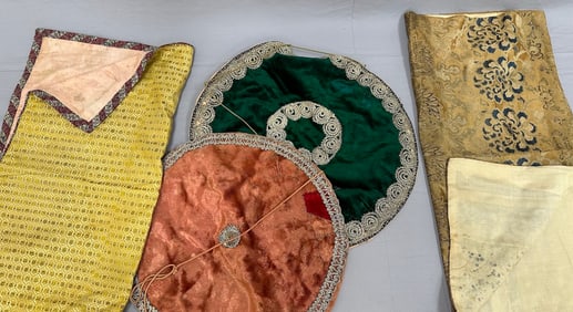 Lot of 4 - Chinese Silk Handwoven Textiles and Traditional Velvet Headwear from Central Asia
