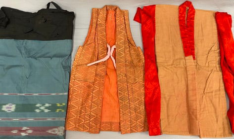 Lot of 3 -  Asian Textiles- Vintage Silk Kimono Jacket, Japanese Vest, Myanmar Silk Tube Skirt