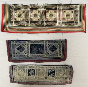 Lot of 3 - Asian Textile Fragments- Hmong Collars Embroidered Vietnamese Costume Fragments