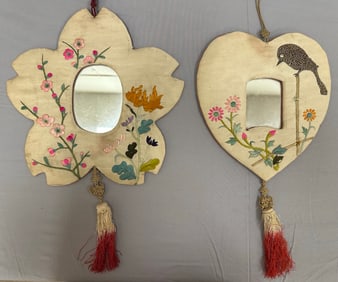 Pair of Traditional Asian Chinese Handmade Embroidered Ornate Fabric Tasseled Mirrors