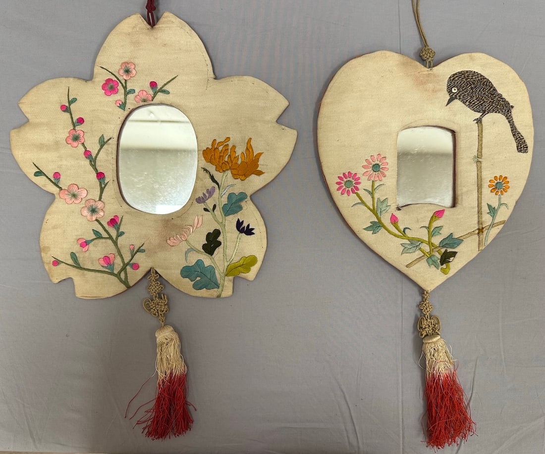 Pair of Traditional Asian Chinese Handmade Embroidered Ornate Fabric Tasseled Mirrors: Traditional Asian Chinese Handmade Embroidered Ornate Fabric Tasseled Mirrors. D: Largest 11" D x smallest 8" D.