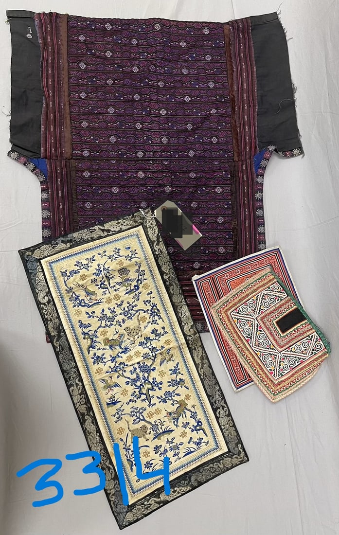 Lot of 4- Vintage Textiles-South China, Yunnan Baby Carrier / Silk Embroidery / Collars: South China, Yunnan, embroidered cotton possibly baby carrier 29"l x 25"w / Chinese Silk Embroidery /2 S.China Collars 10"l 7.25"w