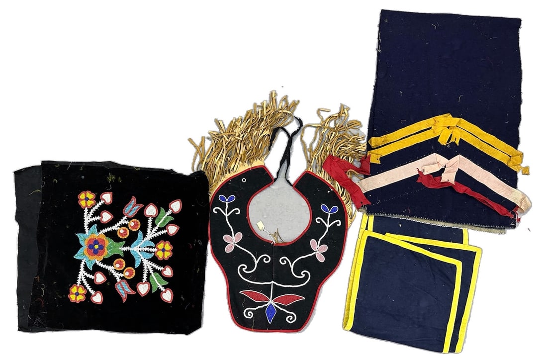 Lot of 4 - Traditional Native American-Style Regalia: Traditional Native American-style regalia that includes beaded yoke, panel, waistcloth, fabric. D: largest 16" W x 46" L, smallest 15" W x 18" L.