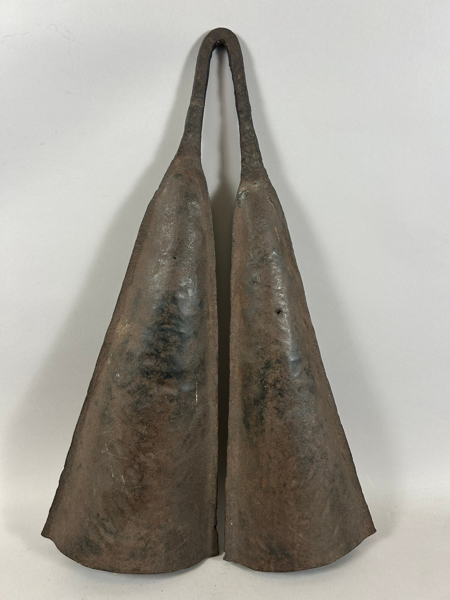Wrought Iron Double Gong: A ceremonial double gong and currency, wrought iron, Nigeria, West Africa. Approximate dimensions: 20.5" x 13.5" x 2.75"