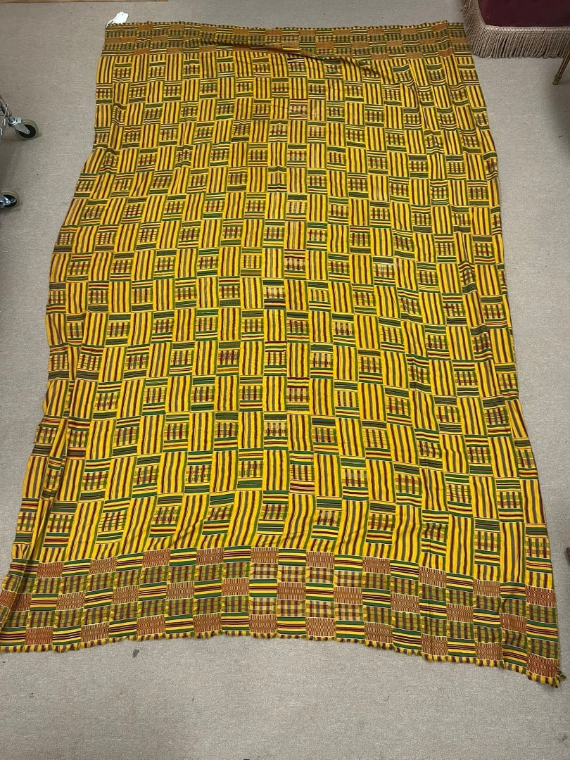 Ashanti Silk & Cotton Kente Wrap: A strip woven silk and cotton Kente cloth, Ashanti peoples, Republic of Ghana, West Africa. Approximate dimensions: 120" x 76"