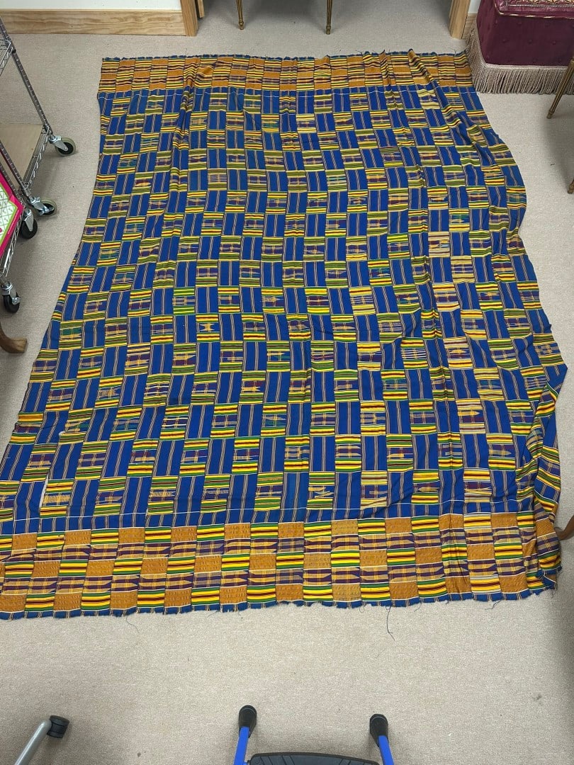 Ashanti Silk & Cotton Kente Wrap: A strip woven silk and cotton Kente cloth, Ashanti peoples, Republic of Ghana, West Africa. Approximate dimensions: 120" x 90"
