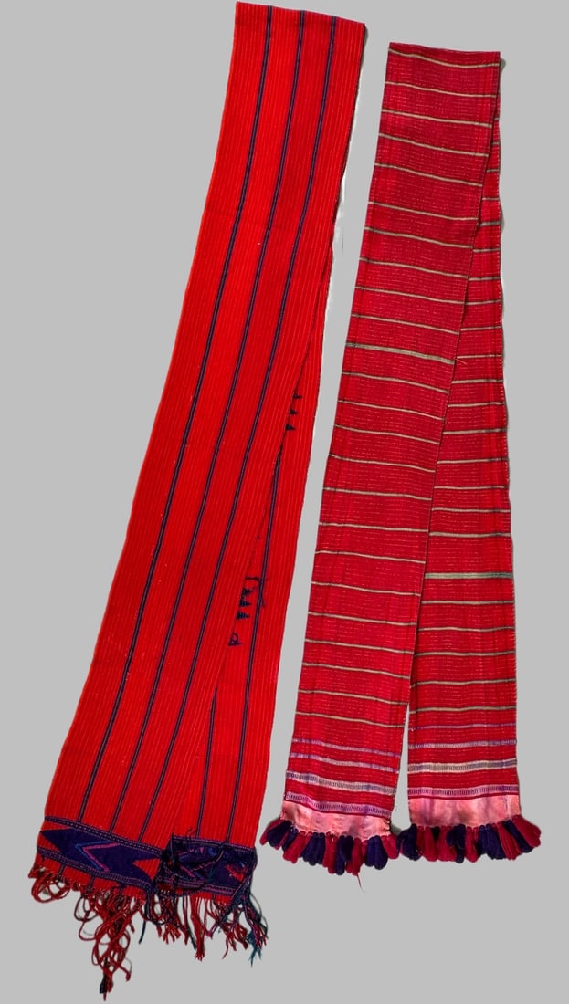 Lot of 2 - Vintage Handmade Woman's Faja Waistband Belt Tzute Textile Guatemala, Ex Museum: Woman's faja, waistband/belt. Tzute textile from Guatemala. D: Largest 98.5"L x 7"W, smallest 91"L x 6"W. PROVENANCE:From Minneapolis Institute of Art