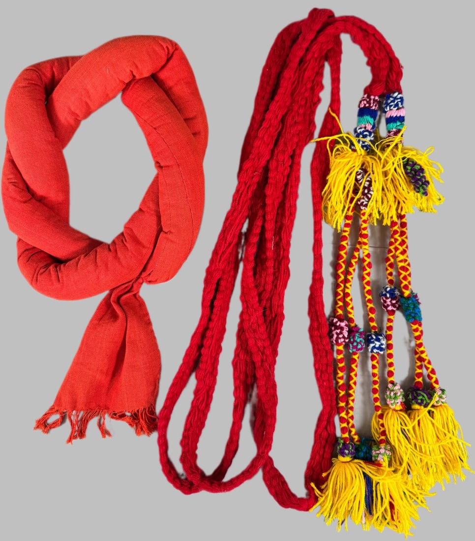 Lot of 2 - Vintage Handmade Women's Tupuy Hair Ornament & Headdress Guatemala, Ex Museum: Women's Tupuy Hair Ornament & Headdress, Guatemala. D: Largest 192"L x 1"W, smallest 18"L x 9.50"W. PROVENANCE:From Minneapolis Institute of Art