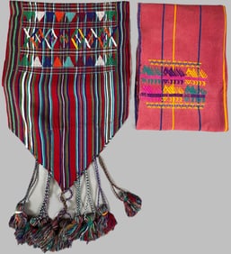 Lot of 2 - Tzute Embroidered Textile & Hand Woven Guatemalan Runner, Ex Museum