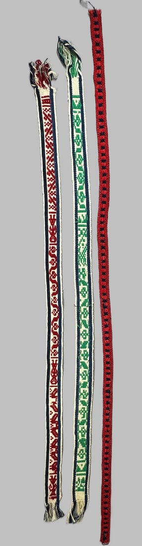 Lot of 3- Handwoven Guatemalan Faja (Belt) or Hat Band, Ex Museum: Handwoven Guatemalan faja (belt) or hat band. D: Largest 63"L x 1.15"W, smallest 49"L x 2"W. PROVENANCE:From Minneapolis Institute of Art