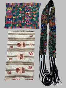 Lot of 3 - Vintage Handmade Tzute Textiles & Beaded Belt Guatemala, Ex Museum