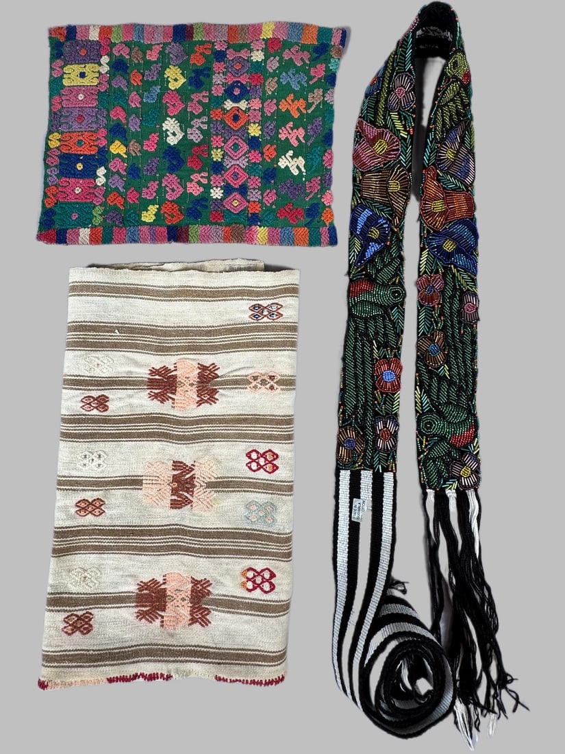 Lot of 3 - Vintage Handmade Tzute Textiles & Beaded Belt Guatemala, Ex Museum (1 of 13)