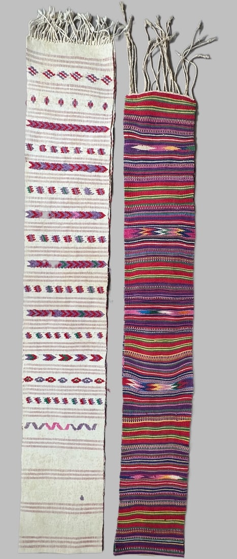 Lot of 2- Vintage Guatemalan Woven Sash/Faja with Fringe, Ex Museum: Guatemalan woven sash and/or faja (belt) with fringe. D: Largest108"L x 8.75"W, smallest 98.5"L x 7.25"W. PROVENANCE:From Minneapolis Institute of Art