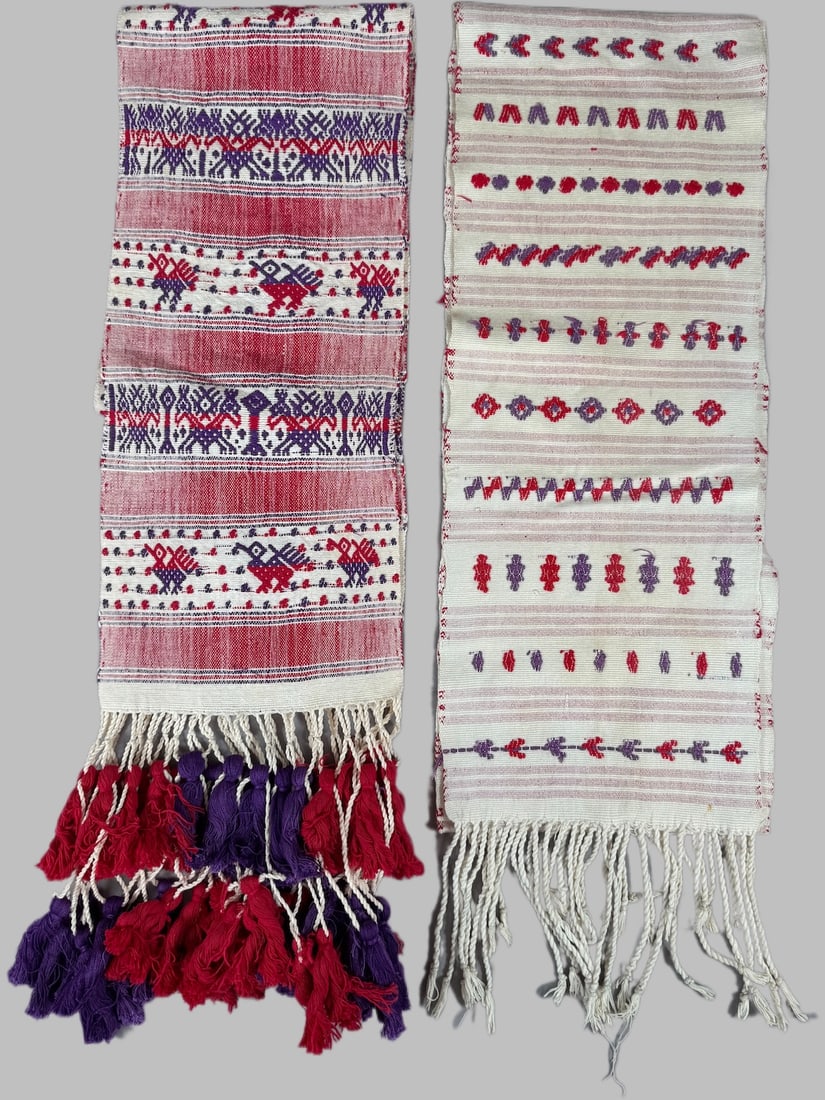 Lot of 2 - Guatemalan Woven Sash/Faja with Fringe, Ex Museum: Guatemalan woven sash and/or faja (belt) with fringe. D: Largest 98"L x 9.25"W (without fringe), smallest 84"L x 8.5"W (with fringe) PROVENANCE:From Minneapolis Institute of Art