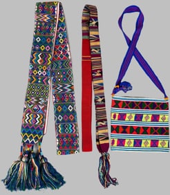 Lot of 3 - Vintage Handwoven Cinta/Hair Ribbon & Woven Belt or Headband & Bag, Ex Museum