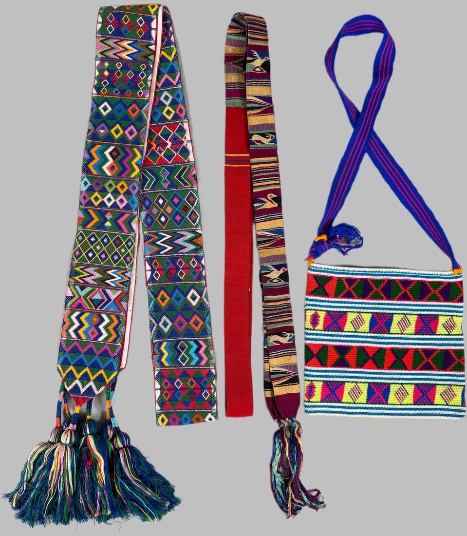 Lot of 3 - Vintage  Handwoven Cinta/Hair Ribbon & Woven Belt or Headband &  Bag, Ex Museum (1 of 16)