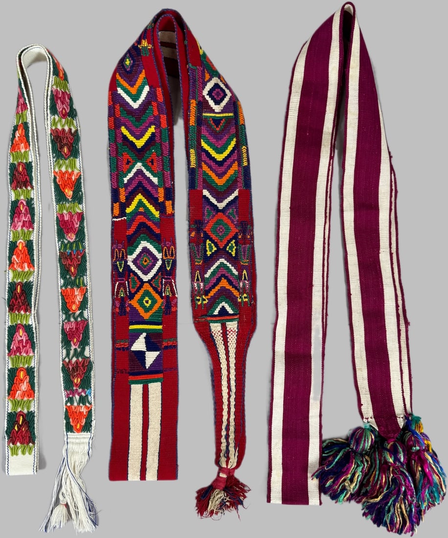 Lot of 3 - Vintage Guatemalan Handwoven Fajas (Belts), Ex Museum: Guatemalan Handwoven Fajas (Belts). D: Largest 114"L x 2.5"W, smallest 84"L x 1.5"W. PROVENANCE:From Minneapolis Institute of Art