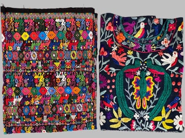 Lot of 2 - Vintage Mexican Huipil & Guatemalan Embroidered Textile, Ex Museum