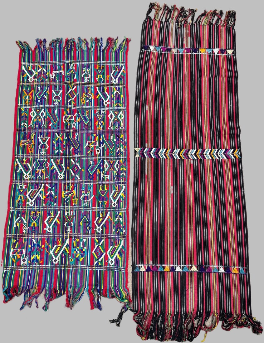 Lot of 2 - Vintage Handwoven (Nebaj) Guatemalan Tzute & Rebozo, Ex Museum: 1- Handwoven (Nebaj) Guatemalan tzute, likely from 1960. 2- Vintage Guatemalan striped rebozo. D: Largest 63.5"L x 23"W, smallest 50"L x 24"W. PROVENANCE:From Minneapolis Institute of Art