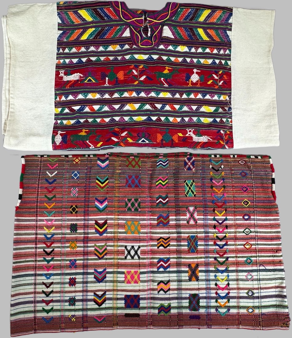 Lot of 2 - Vintage Huipil San Pedro Necta & Mayan Ceremonial Huipil Nebaj, Ex Museum: 1- Huipil, San Pedro Necta, Guatemala. 2- Vintage Mayan ceremonial huipil Nebaj, Guatemala. D: Largest 47"L x 30"W, smallest 29.5"L x 18.75"W. PROVENANCE:From Minneapolis Institute of Art