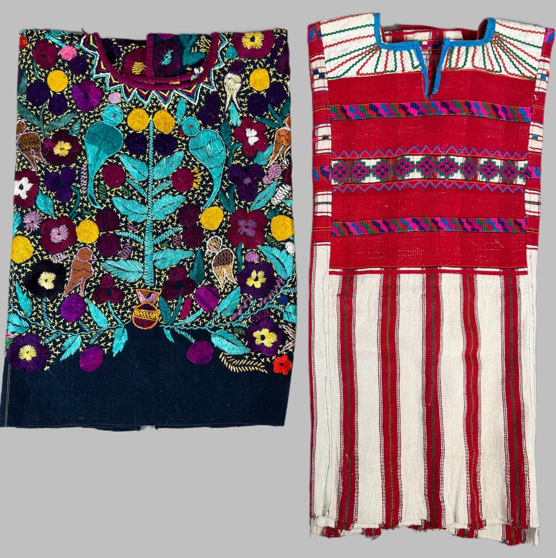 Lot of 2 - Vintage Huipils Guatemala Mexico, Ex Museum: Huipils, Guatemala or Mexico. 1- A Guatemalan wedding huipil with a vibrant hand-embroidered detail featuring birds and flowers. 2- A traditional huipil from Central America or Mexico features vibrant