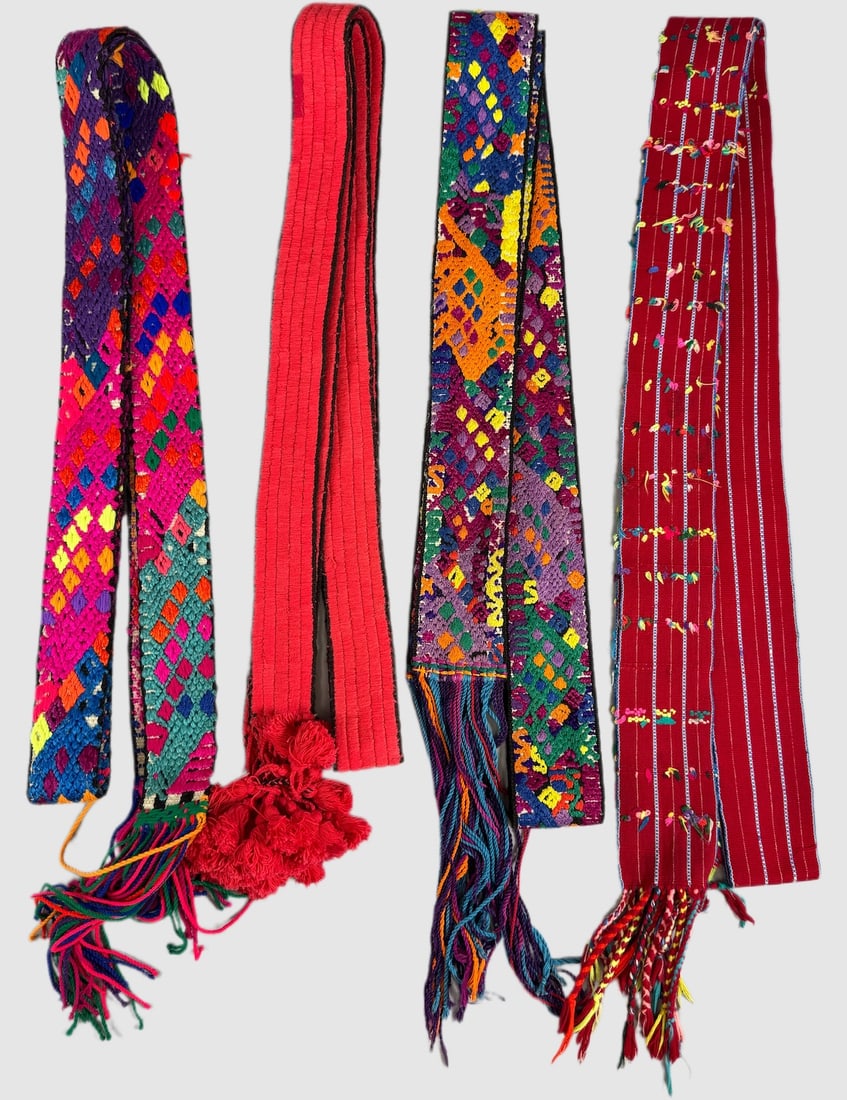 Lot of 4 - Vintage Traditional Guatemalan Fajas (Belts), Ex Museum: Guatemalan fajas. Traditional handwoven belts traditionally worn by women as part of their traditional dress, called a "traje." D: Largest 117"L x 3"W, smallest 98"L x 2"W. PROVENANCE:From Minneapolis
