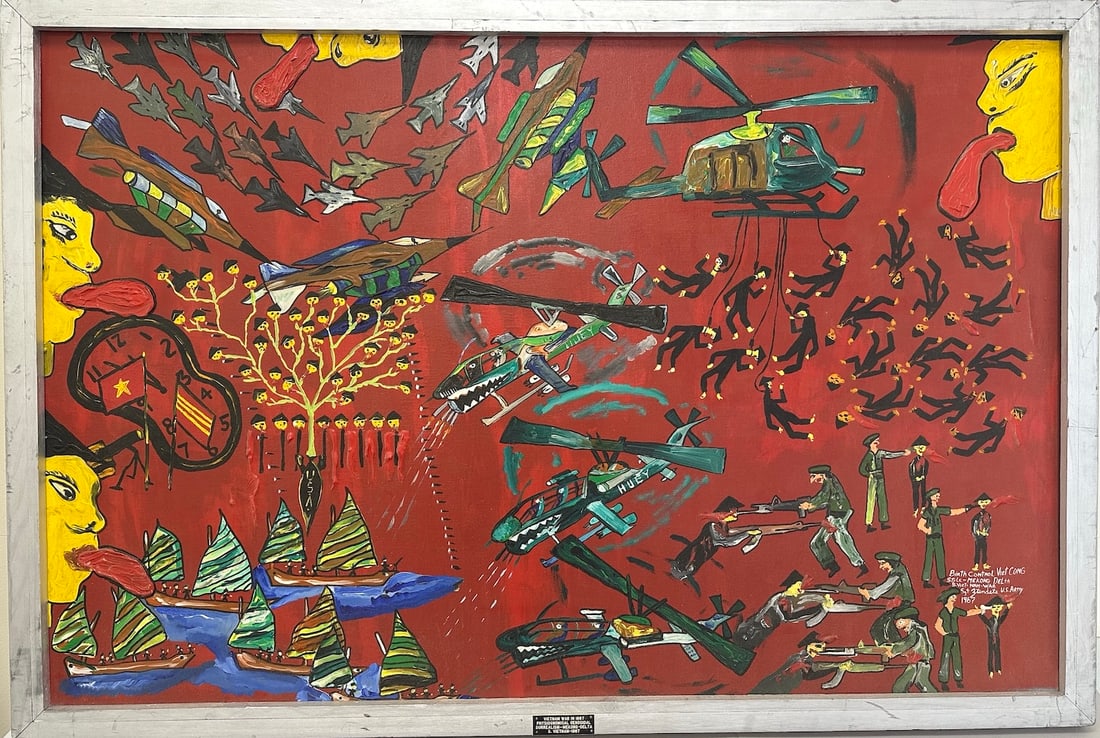 Joseph Gionfriddo 'Vet Cong' Surrealist Painting Depicting Scenes From the Vietnam War: Vet Cong' Paint Depicting Scenes From the Vietnam War. Titled Vietnam war in 1967 Physiognomical Genocidal Surrealism-Mekong-Delta S.Vietnam-1967. D: Frame 36" H x 52.5" W Sight 32" H x 48.5" W.
