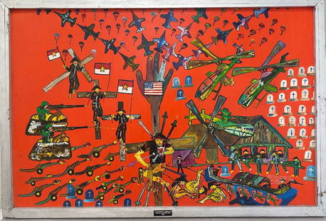 Joseph Gionfriddo Oil Painting Physiognomical Genocidal Surrealism: Painting Titled 'Vietnam War in 1967 Physiognomical Genocidal Surrealism-Mekong Delta S.Vietnam-1967. D: Frame 36" H x 52.5" W Sight 32" H x 48.5" W.
