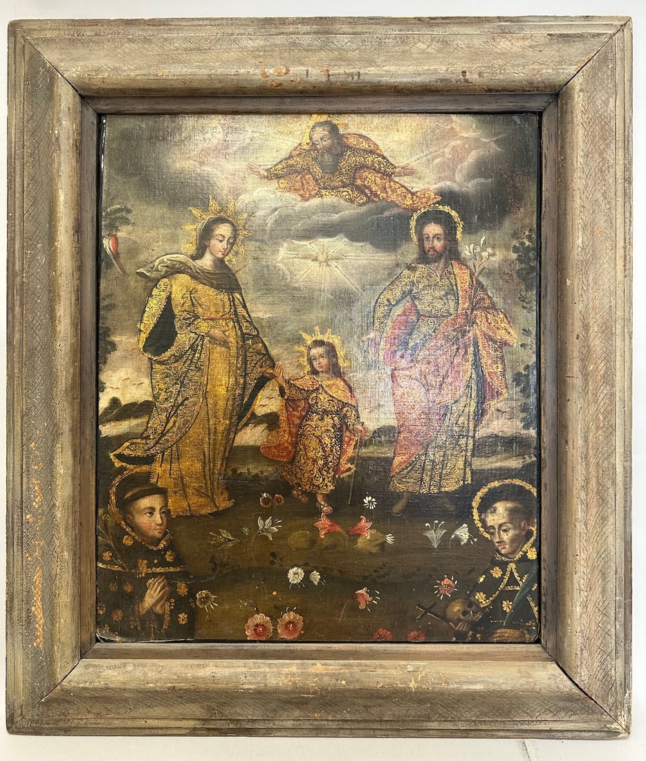 'Familia Huida' By Martha Ochoa (Attrib.): The Oil on Canvas Painting Titled 'Familia Huida' By Martha Ochoa (Attrib.) Peruvian Artist. It depicts the Holy family with Mary, Jesus, and Joseph along with angel another figure possibly a saint. T
