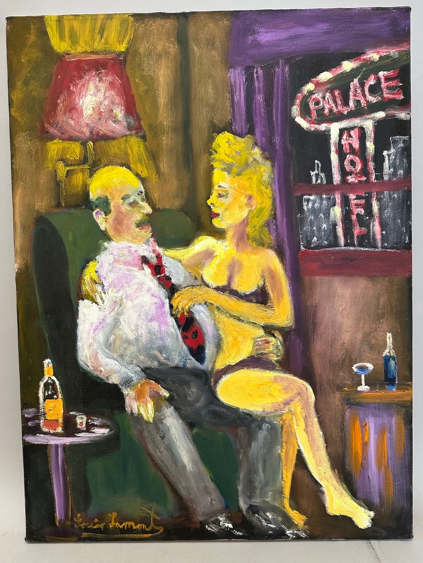 Oil Painting By Louis Lamont 1996 'Palace Hotel': Oil Painting on canvas By Louis Lamont 1996 Titled 'Palace Hotel'. It depicts a man and a woman in an intimate setting. D: 24" H x 18" W.