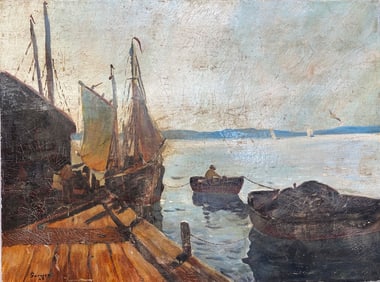 Oil Painting on Board Harbor Scene