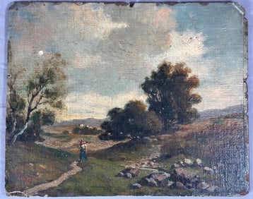 Continental School Antique Landscape Oil Painting On a Wood Board From 19th Century