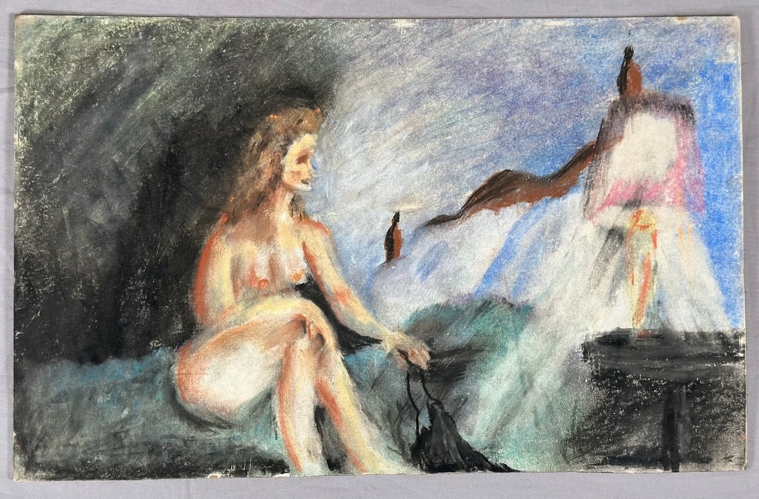Pastel Painting 'Nude at Night' By Louis Lamont: Pastel Painting on board titled 'Nude at Night' By Louis Lamont, dated June 1985. D: 8.75" H x 13.5" W.