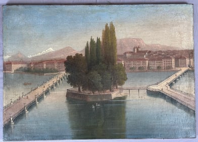 Oil On Canvas Painting of the City of Geneva Featuring The Pont Du Mont-Blanc