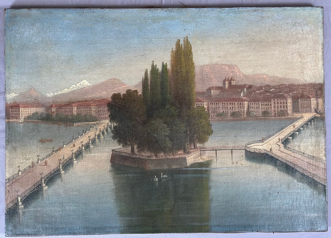 Oil On Canvas Painting of the City of Geneva Featuring The Pont Du Mont-Blanc: Painting of the City of Geneva, Switzerland Featuring The Pont Du Mont-Blanc and the Rhone River. It depics the view from the Quai de Mont-Blanc. D: 12" H x 16" W.