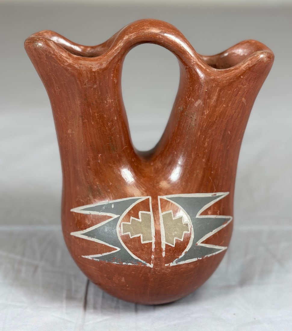 Vintage Santa Clara Pueblo Wedding Clay Vase: Vintage Santa Clara Pueblo Wedding Clay Vase representing union of two families through marriage. D: 7" H x 6" W.