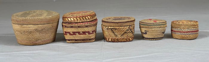 Lot of 5-Collection of Northwest Native American Covered Woven Baskets