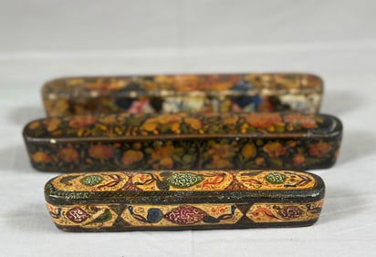 Lot of 3-Antique Kashmiri Lacquer Qalamdan (Pen Boxes) From the 19th Century