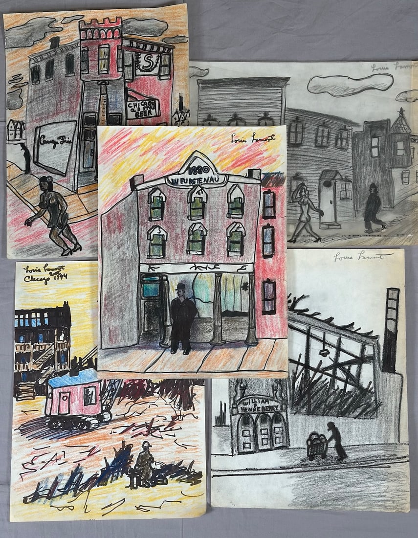 Lot of 5- Collection of Louis Lamont Drawings Signed and Dated 1994-Chicago: Collection of Louis Lamont Drawings Signed and Dated 1994-Chicago. Drawing depicts urban scenes, streetscapes, and figures. D: A4 size paper.