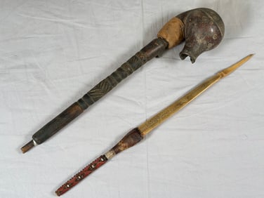 Lot of 2-Antique Tribal Pipe and Measuring Stick Possibly From Pacific Islands