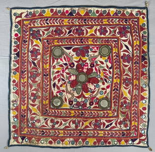 Kutch Shisha Emroidered Inidan Textile Tapestry & Sari Border/Belt (2): Lot of 2 - Hand/Shisha Emroidered Inidan Gujarati Tapestry and Traditional Embroidered Inian Sari Border or Belt, likely Kutch Gujarat. Tapestry: 23.75"; Belt: 29"l x 2.75"w